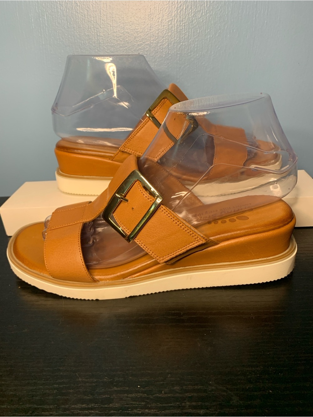 Spring Step Tan Leather Slide Sandals with Gold Accent